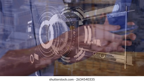 Image of data processing and scope scanning over diverse people holding cup of coffee. Global technology, finances and digital interface concept digitally generated image.