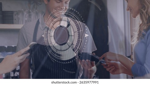 Image of data processing and scope scanning over diverse people paying with smartphone. Global technology, finances and digital interface concept digitally generated image.