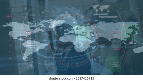 Image of data processing with scope scanning and world map over diverse business people. Global business, computing and digital interface concept digitally generated image.