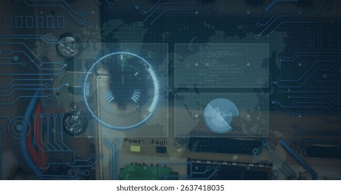 Image of data processing with scope scanning and world map over server room. Global business, computing and digital interface concept digitally generated image.