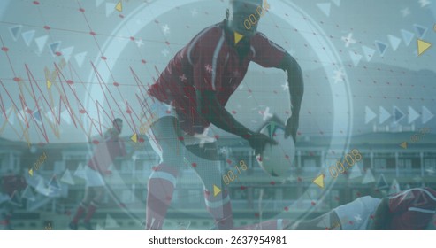 Image of data processing and scope scanning over diverse rugby players at stadium. Global sport, computing and digital interface concept digitally generated image.