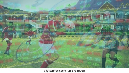 Image of data processing and scope scanning over diverse rugby players at stadium. Global sport, computing and digital interface concept digitally generated image.