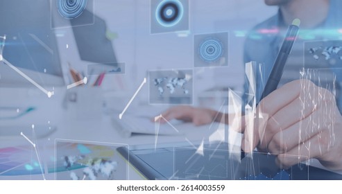 Image of data processing and scopes scanning on screen over man using graphic tablet. business, finance and data processing concept digitally generated image.