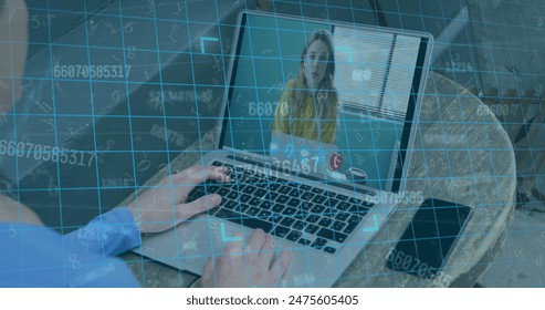 Image of data processing and security fingerprint over woman using laptop. global communication and data security concept digitally generated image.