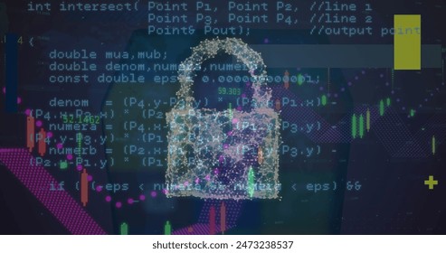 Image of data processing and security padlock over dark background. global internet security, data processing, connections and digital interface concept digitally generated image.