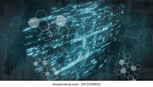 Image of data processing and security padlock over woman using laptop. global communication and data security concept digitally generated image.