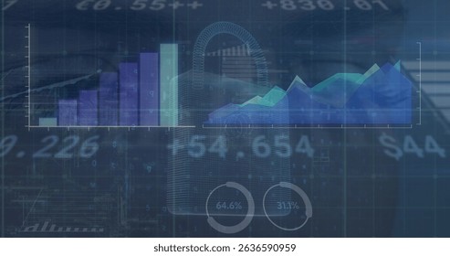 Image of data processing and security padlock over blue background. Global connections, data processing and digital interface concept digitally generated image.