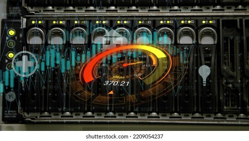 Image of data processing and server room over speedometer. Global business and digital interface concept digitally generated image.