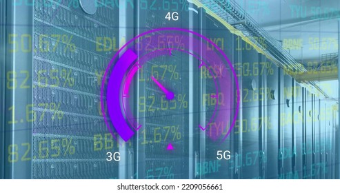 Image of data processing and server room over speedometer. Global business and digital interface concept digitally generated image.