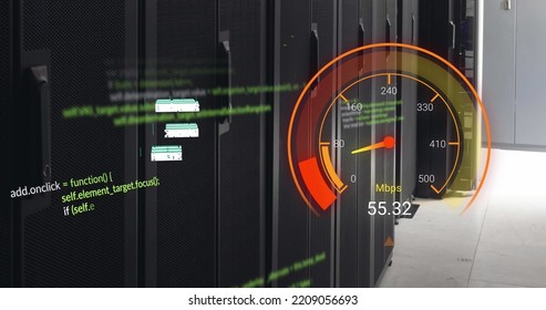 Image of data processing and server room over speedometer. Global business and digital interface concept digitally generated image.