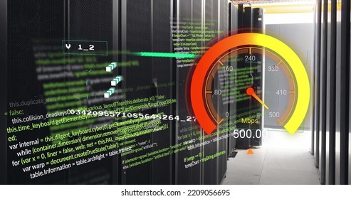 Image of data processing and server room over speedometer. Global business and digital interface concept digitally generated image.