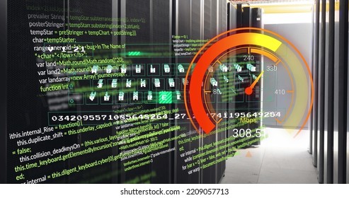 Image of data processing and server room over speedometer. Global business and digital interface concept digitally generated image.