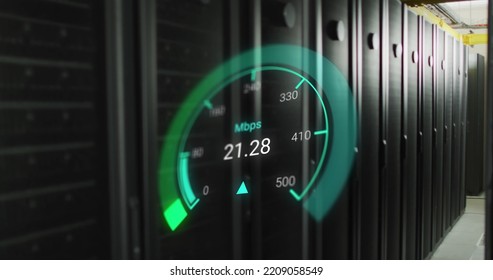 Image of data processing and server room over speedometer. Global business and digital interface concept digitally generated image.