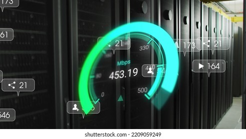 Image of data processing and server room over speedometer. Global business and digital interface concept digitally generated image.