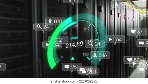 Image of data processing and server room over speedometer. Global business and digital interface concept digitally generated image.