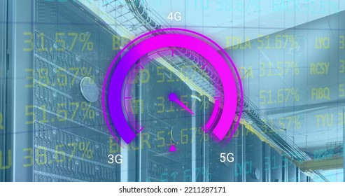 Image of data processing and server room over speedometer. Global business and digital interface concept digitally generated image.