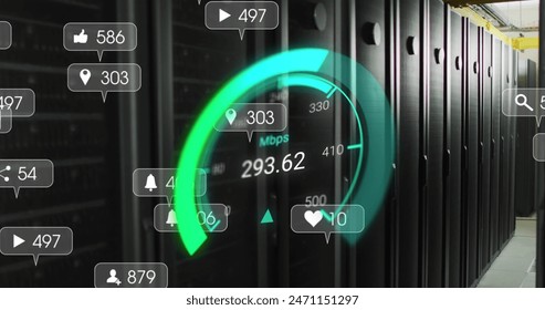 Image of data processing and server room over speedometer. Global business and digital interface concept digitally generated image.