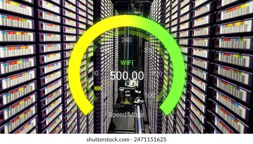 Image of data processing and server room over speedometer. Global business and digital interface concept digitally generated image. - Powered by Shutterstock - Get 15% off with code: PIKWIZARD15
