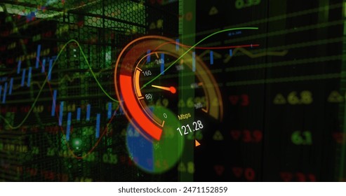 Image of data processing and server room over speedometer. Global business and digital interface concept digitally generated image. - Powered by Shutterstock - Get 15% off with code: PIKWIZARD15