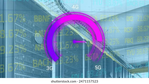 Image of data processing and server room over speedometer. Global business and digital interface concept digitally generated image.