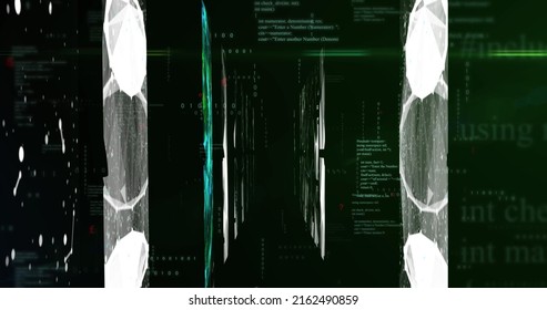Image of data processing and shapes on black background. global technology and digital interface concept digitally generated image.