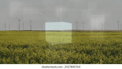 Image of data processing and shapes over wind turbines on field. Global business and ecology concept, digitally generated image.