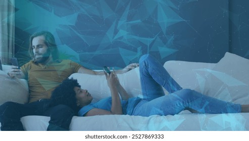 Image of data processing with shapes over diverse couple using smartphones. global business, finances, connections and digital interface concept digitally generated image. - Powered by Shutterstock - Get 15% off with code: PIKWIZARD15