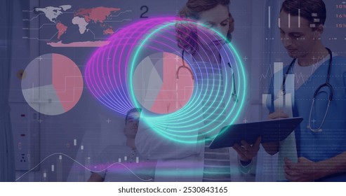 Image of data processing and shapes over caucasian doctors talking. Global medicine and digital interface concept digitally generated image.
