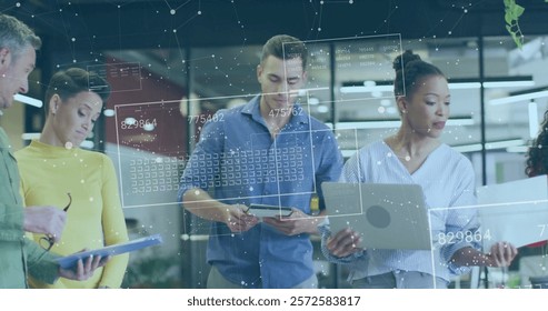Image of data processing and shapes over diverse colleagues discussing work. Global business, teamwork and digital interface concept digitally generated image. - Powered by Shutterstock - Get 15% off with code: PIKWIZARD15