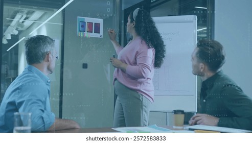 Image of data processing and shapes over diverse colleagues discussing work. Global business, teamwork and digital interface concept digitally generated image.