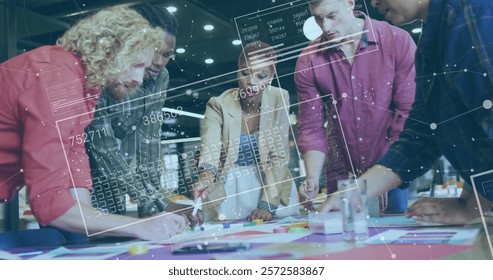 Image of data processing and shapes over diverse colleagues discussing work. Global business, teamwork and digital interface concept digitally generated image.