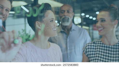 Image of data processing and shapes over diverse colleagues discussing work. Global business, teamwork and digital interface concept digitally generated image.