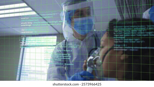 Image of data processing and shapes over caucasian female surgeon with patient in operating room. Technology, medicine and digital interface concept digitally generated image.
