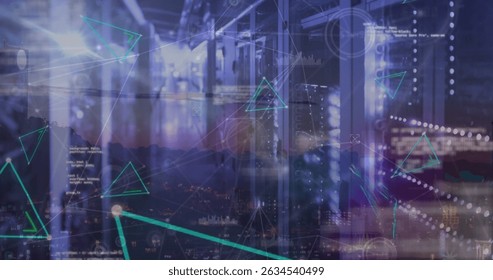 Image of data processing and shapes over server room. Global technology, computing and digital interface concept digitally generated image. - Powered by Shutterstock - Get 15% off with code: PIKWIZARD15