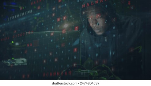 Image of data processing and shield with padlock over african american male hacker using laptop. cloud computing and data processing concept digitally generated image. - Powered by Shutterstock - Get 15% off with code: PIKWIZARD15