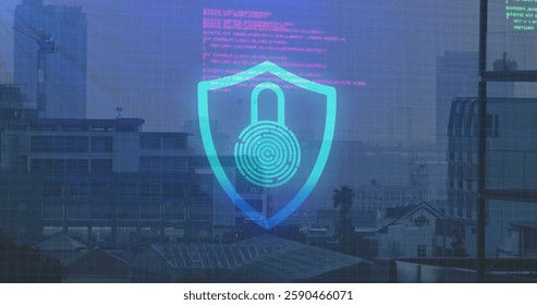 Image of data processing with shield and padlock icon over cityscape. Global technology, computing, online security and digital interface concept digitally generated image.