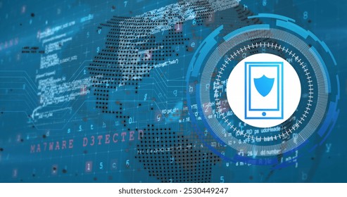 Image of data processing with smartphone icon over blue background. Global technology and digital interface concept digitally generated image