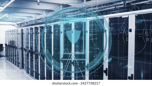 Image of data processing and smartphone over server room. Social media and digital interface concept digitally generated image.