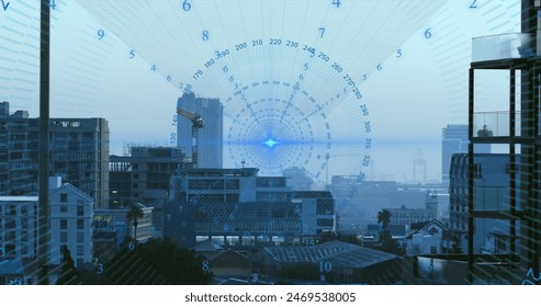 Image of data processing spinning around blue light spot against aerial view of cityscape. Computer interface and business technology concept
