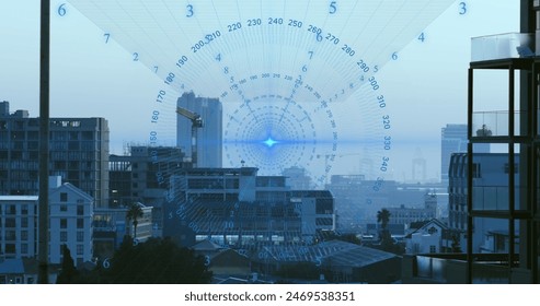 Image of data processing spinning around blue light spot against aerial view of cityscape. Computer interface and business technology concept