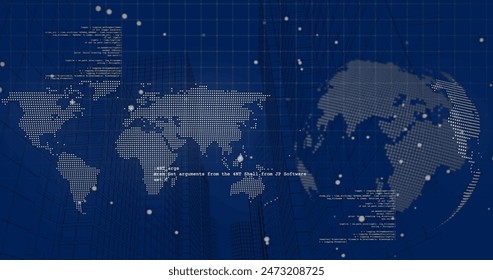 Image of data processing with spinning globe and world map over transparent background. 