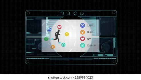 Image of data processing with sports icons on black background. Global sports, computing and digital interface concept digitally generated image.