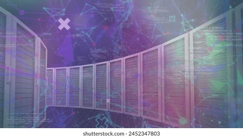Image of data processing, spots of light and plexus networks against computer server room. Global networking and business data storage technology concept