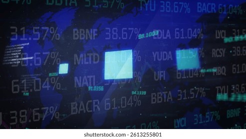 Image of data processing and squares loading over world map. global connections, digital interface and data processing concept digitally generated image.
