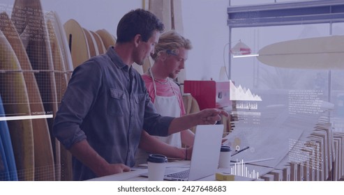 Image of data processing and statistics over diverse business people surf shop. Global business, digital interface, computing and data processing concept digitally generated image. - Powered by Shutterstock