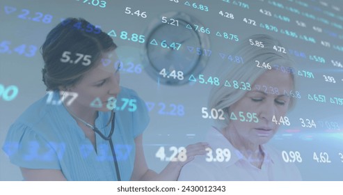 Image of data processing and statistics over female doctor and patient. medicine, digital interface and data processing concept digitally generated image.
