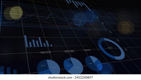 Image of data processing with statistics over grid. Global business, finances, computing and data processing concept digitally generated image. - Powered by Shutterstock - Get 15% off with code: PIKWIZARD15