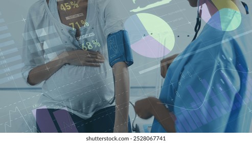 Image of data processing and statistics over and and and statistical glitch. Global business connections and digital interface concept digitally generated image.
