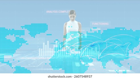 Image of data processing and statistics over woman and world map. global connections, business, digital interface, technology and networking concept digitally generated image.