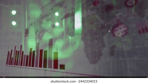 Image of data processing and statistics recording over green lights of computer servers. data processing, cloud computing concept and technology concept digitally generated image.